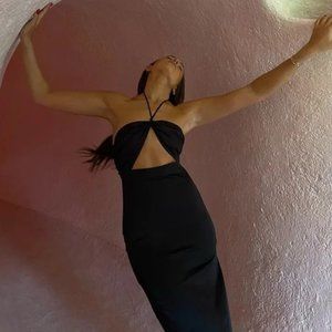 We Wore What Tie Halter Stretch Charmeuse Dress: XL Black